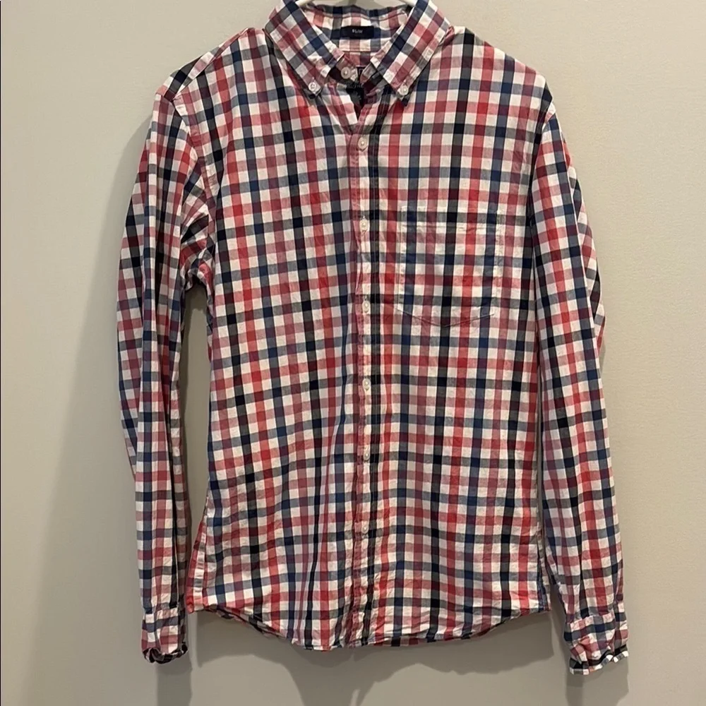 J.Crew men’s plaid collared button down shirt. Size small slim fit. Flex washed